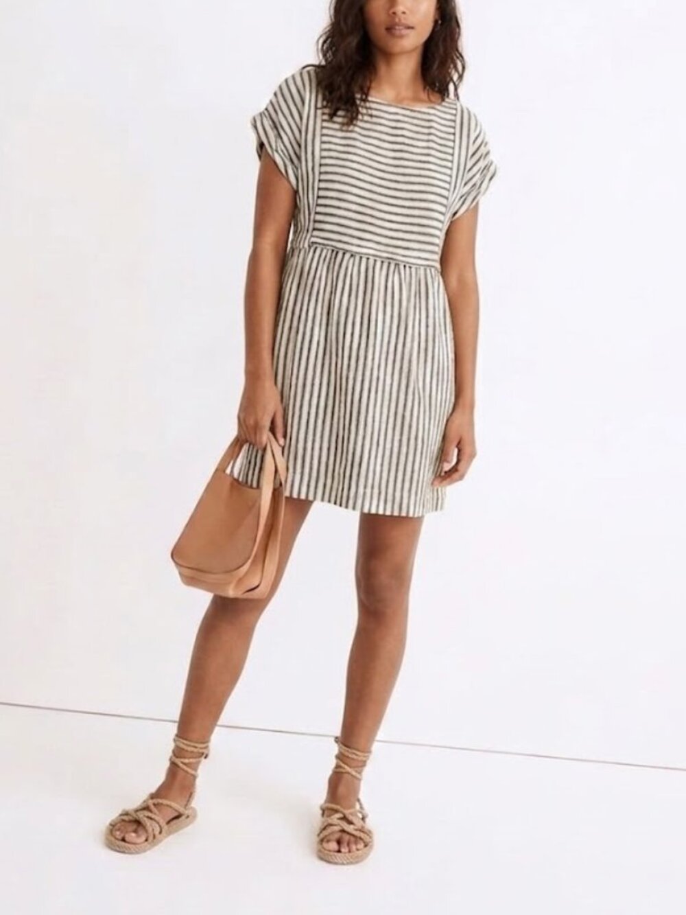 Madewell Linen Blend Mixed Stripe Shift Dress Blue Cream Size Small